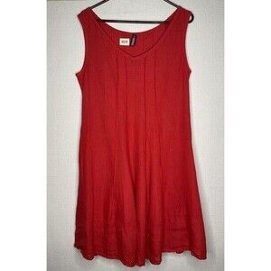 Oizini Coral Red 100% Linen Sleeveless V-Neck Midi Dress Italy Women Size XL
